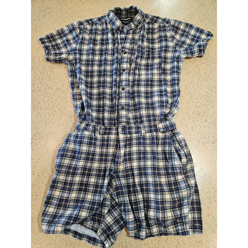 RomperJack Men's Plaid Short Sleeve Romper Jumpsuit Blue Cream Cotton
